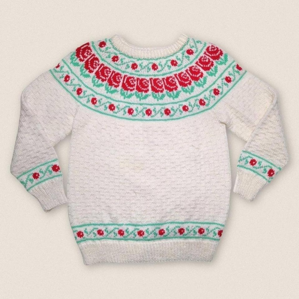 Vintage Cottagecore Grandma Roses Floral Fair Isle White Sweater - Size Medium